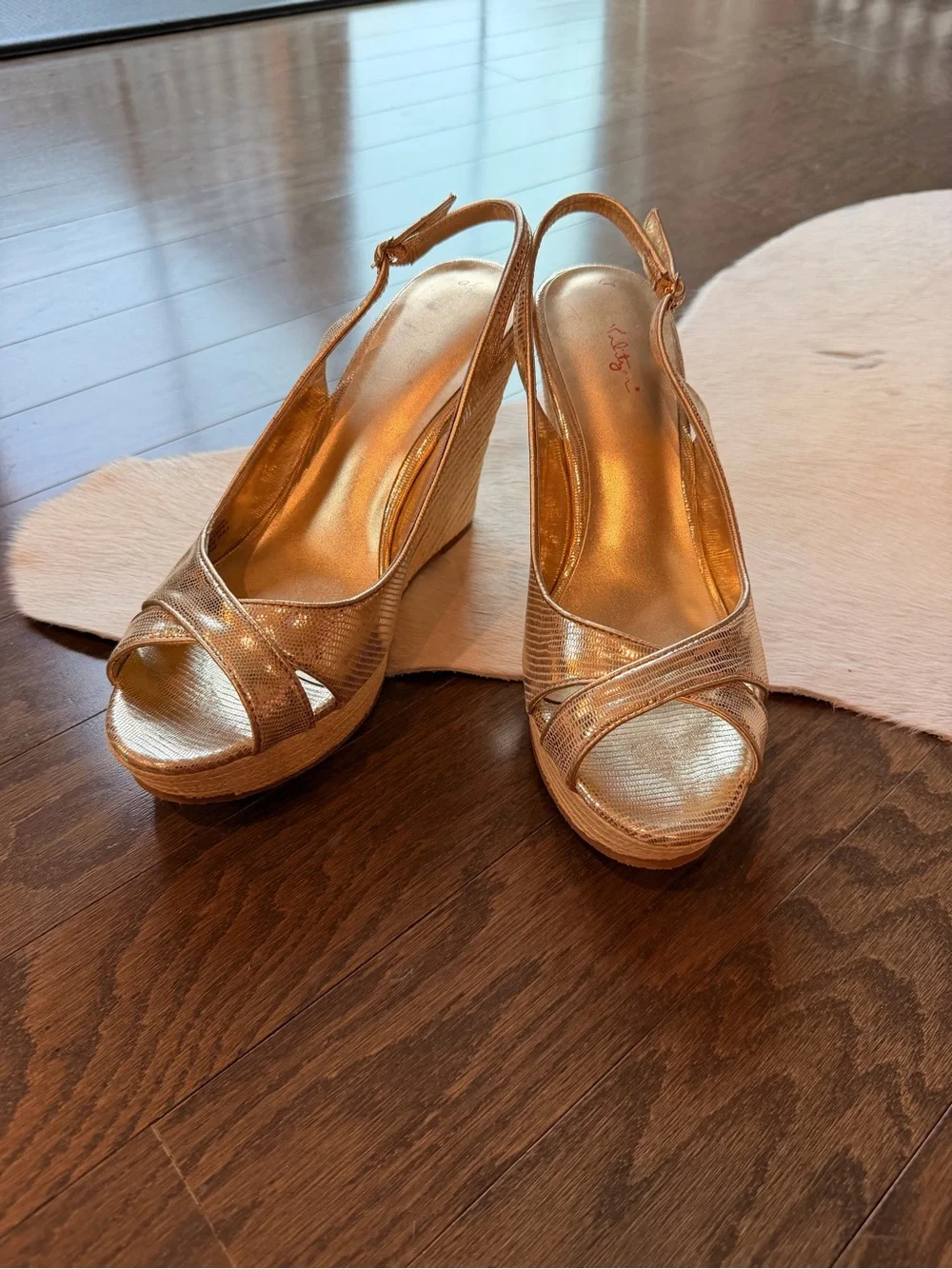 Lilly Pulitzer Metallic Gold Peep-Toe Wedge Slingbacks